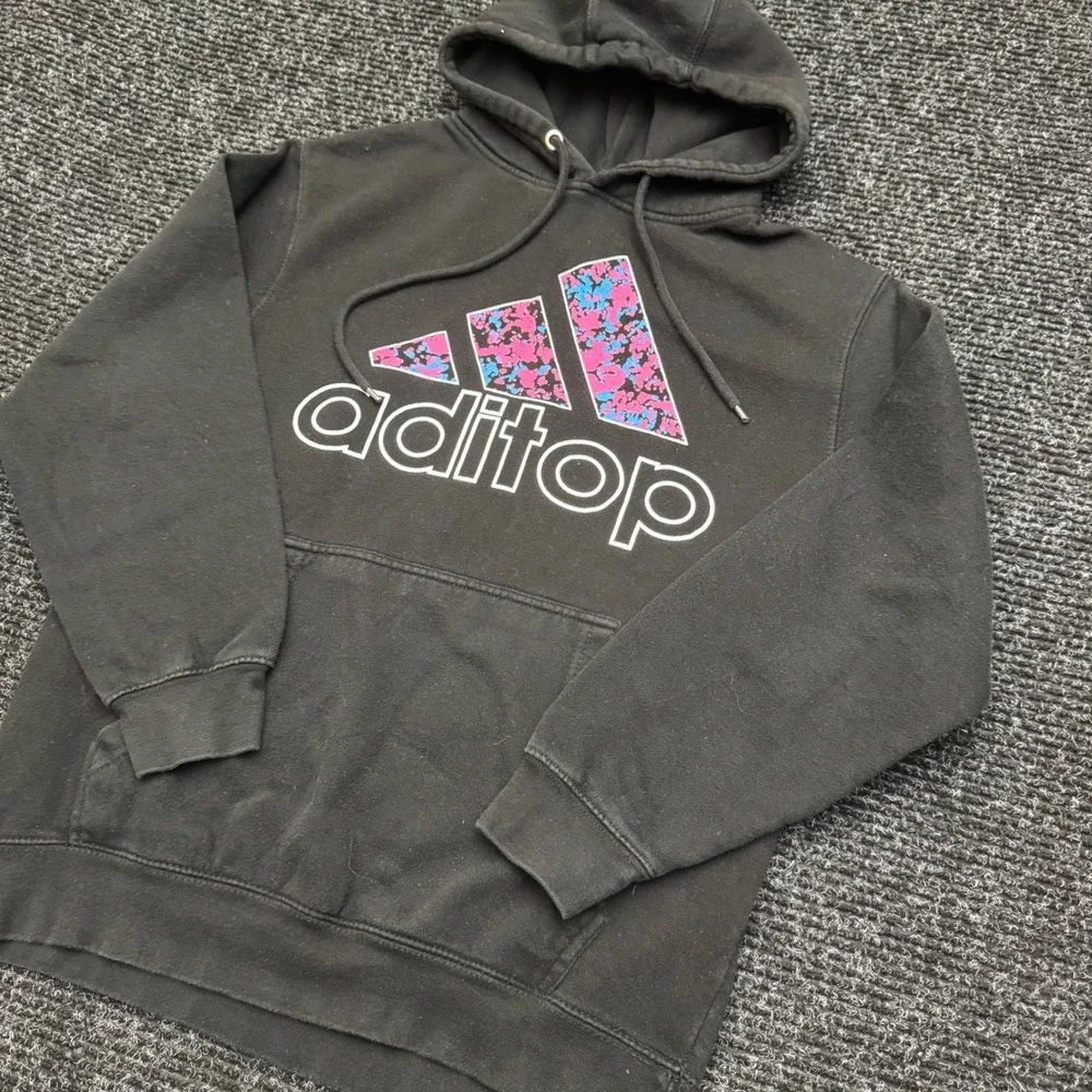 Adidas Aditop Black Graphic Hoodie Pink Blue Splatter‎ Logo Pullover Mens Medium